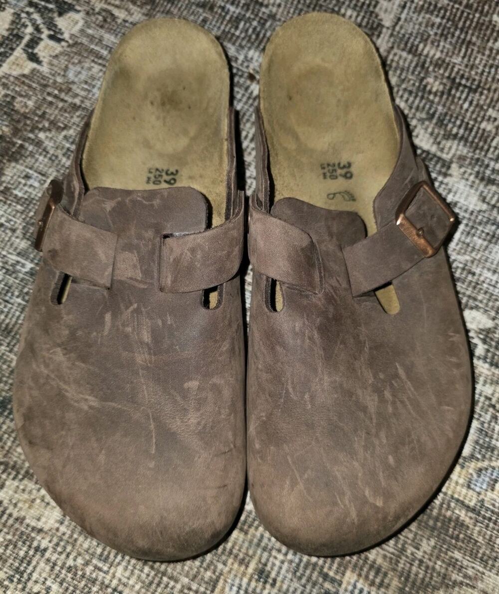 Birkenstock Boston 39 Taupe Suede Leather Clogs Reg W8-8.5 M6-6.5 Boho Granola
